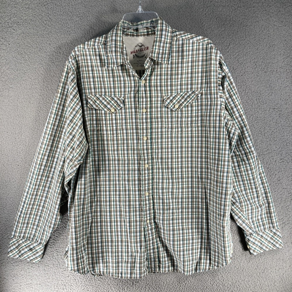 Wrangler Shirt Men's XL Brown Green Plaid Long Sleeve Western Button Up Cotton